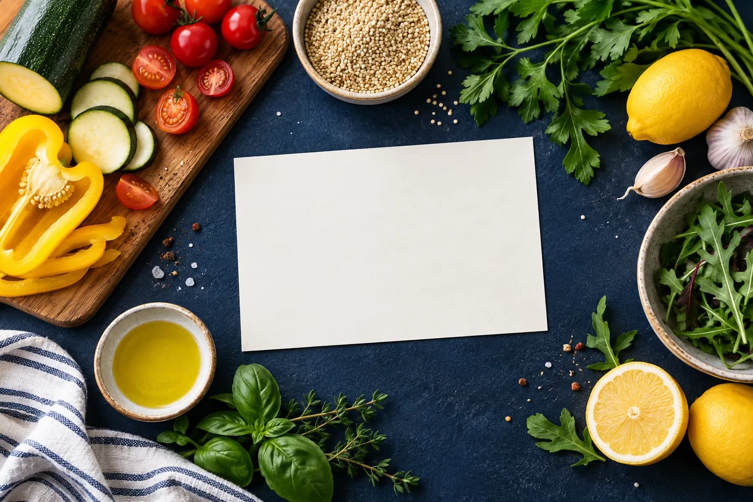 Fresh ingredients laid out around a blank recipe card